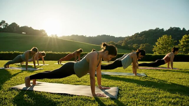 Group yoga retreat practicing sun salutations cinematic UHD mindfulness wellness lifestyle stock video. serene yoga gathering surya namaskar exercise mindful wellbeing cinematic