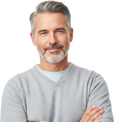 Obraz premium Confident middle aged man with grey hair and beard wearing a V neck sweater arms crossed