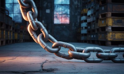 Industrial chain spans a gritty warehouse floor