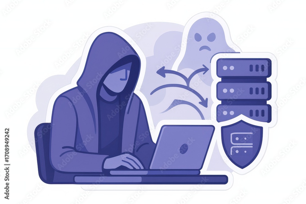 Poster digital security challenges illustrated through a masked individual working on cybersecurity threats