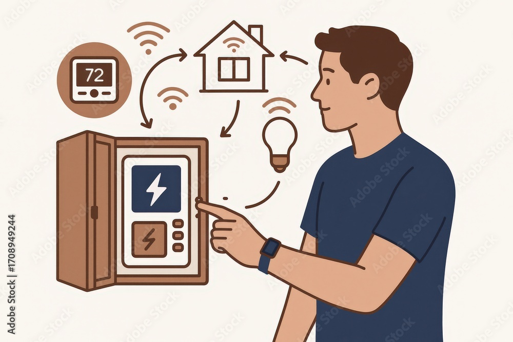 Poster individual interacting with smart energy management system showcasing digital connectivity home auto