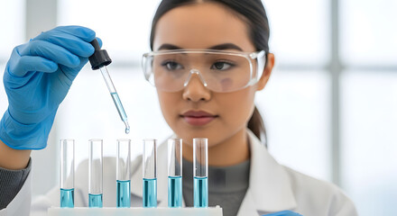 Scientist carefully analyzing liquid samples in laboratory setting with focus, science, and research in progress