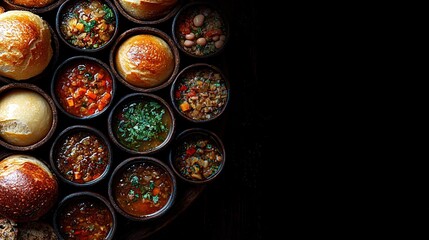 Fototapeta premium Assortment of Soups and Buns in Wooden Bowls