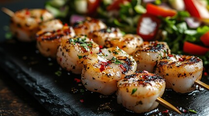 Grilled Shrimp Skewers with Herbs and Spices on Slate Plate and Salad in Background