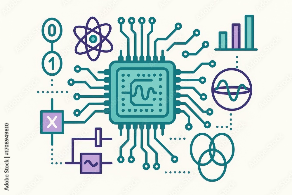 Poster visual representation of digital technology illustrating circuits, data analysis, and scientific ele