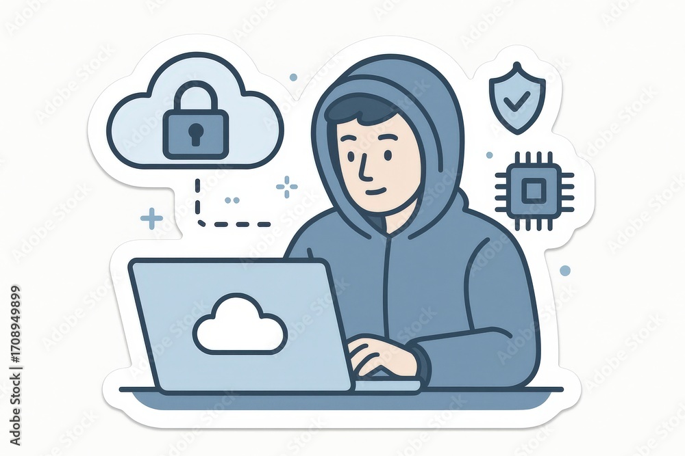 Poster innovative digital security professional engaged in advanced coding while utilizing cloud technology