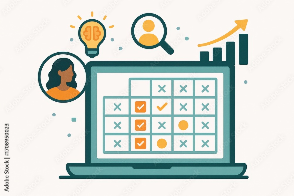 Poster strategic visualization of digital analytics illustrating growth metrics alongside individual profil