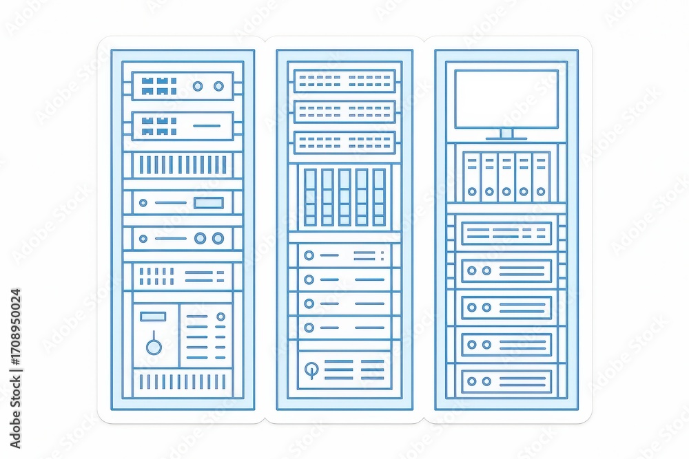 Poster detailed illustration of a modern data center showcasing computer server racks and storage solutions