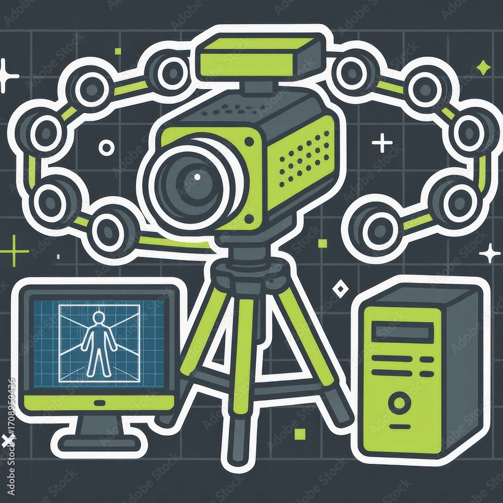 Poster advanced imaging technology including a motion capture camera and computer setup for detailed analys