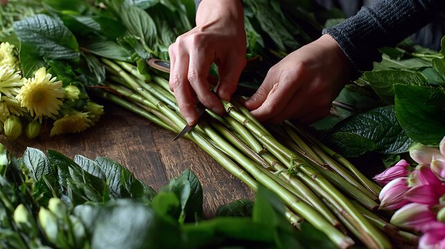 Flower arranging tutorial diy floral design workshop florist cutting stems for bouquet arrangement project