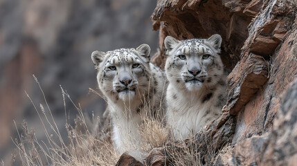 Snow leopards peering from rocky den