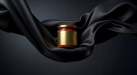 Luxury golden jar dark silk fabric elegant presentation mockup cosmetic food black premium packaging elegant branding