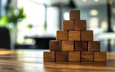 Wooden Blocks Stacked in Pyramid Shape on Table, Business Concept, Strategy