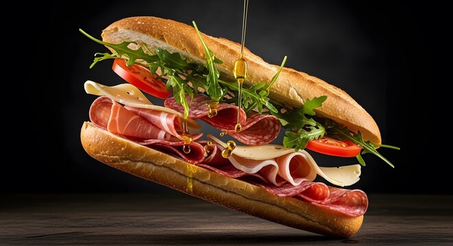 Floating gourmet Italian deli sandwich with premium meats cheese arugula sub baguette fresh oliveoil food studio dark