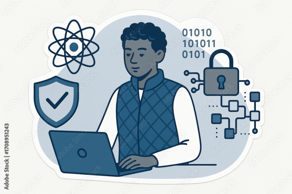 Poster engaging individual immersed in digital security concepts illustrating advanced encryption methodolo