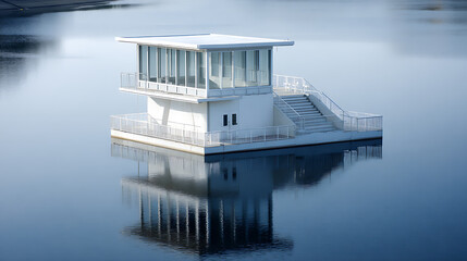 Modern floating structure with glass walls and staircase on calm water