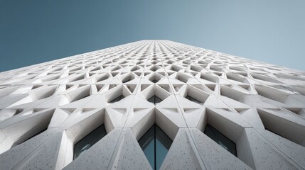 Fototapeta premium Low angle view of geometric white facade under pale sky