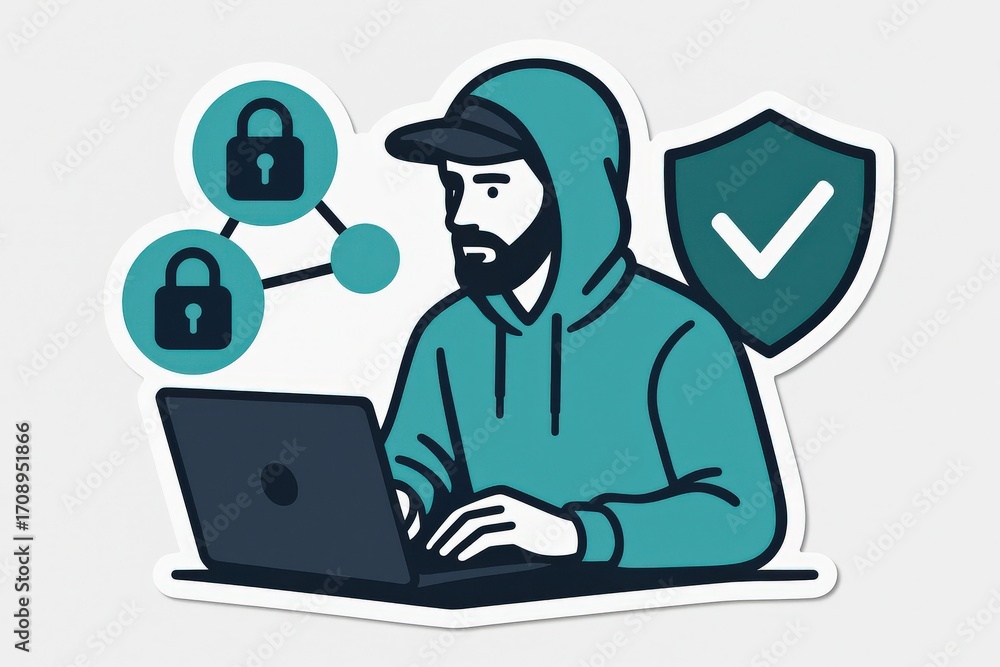 Poster engaged digital security expert in teal hoodie analyzes complex encryption protocols with confidence
