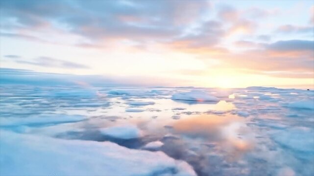 流氷のある海の水面をドローンで空撮する動画、ビデオ