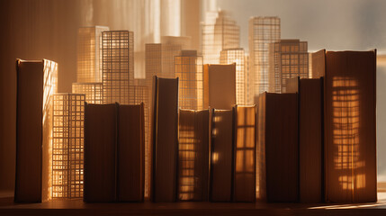 Illuminated city skyline built from stacked books.