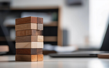 Stack of wooden blocks on a desk, symbolizing strategy, risk, and business planning.