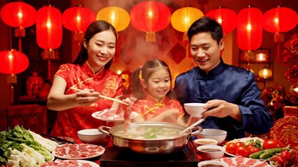 Family sharing hot pot surrounded lanterns cinematic UHD handheld festive Lunar New Year stock video. kinfolk partake broth pot illumination filmic ultra high definition handheld