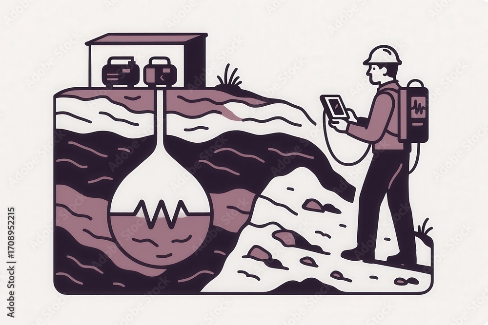 Poster professional geophysicist utilizing advanced technology to analyze subsurface layers and geological 