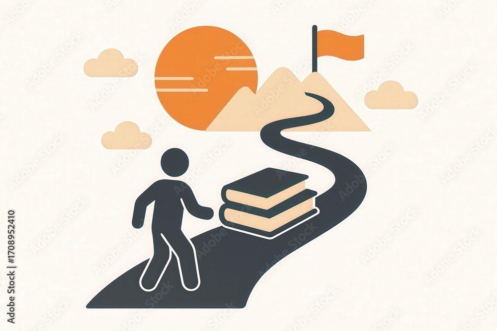 Poster a person embarks on a journey towards knowledge represented by stacked books along a winding path le