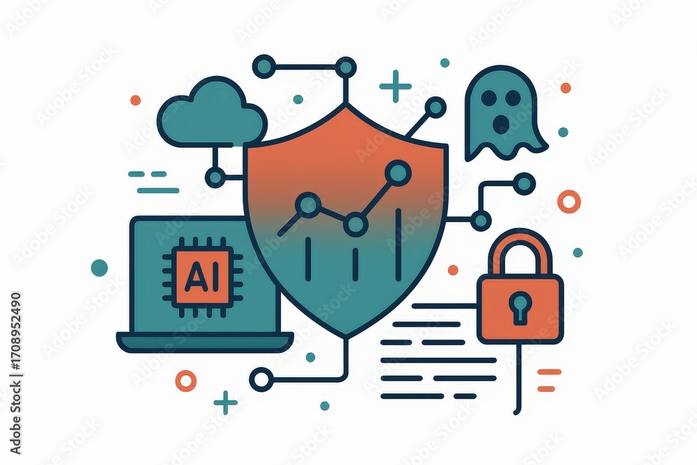 Poster innovative visual representation of artificial intelligence cybersecurity landscape featuring a prot