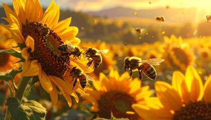 Buzzing Bees Sunflower Field Golden
