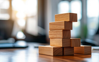 Stack of Wooden Blocks on a Table, Business Strategy, Planning, and Risk Management Concept