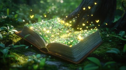 Magical book opening to unveil a captivating fairy tale realm with glowing light sparkling effects and a serene whimsical forest landscape in a 3D digital