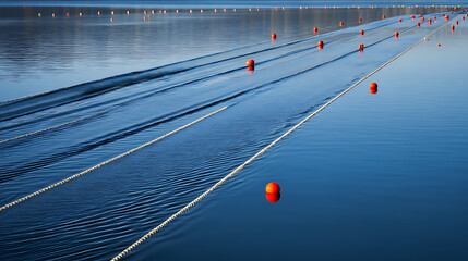 Rows of orange buoys floating on calm blue water, connected by ropes in a linear pattern across a large body of water.