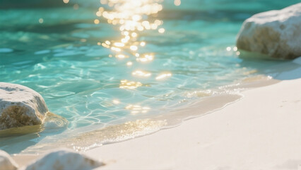 A realistic simulation of sunlight shining through the surface of clear water and dancing on white sand or smooth rocks. The color is a serene turquoise with a golden sheen.