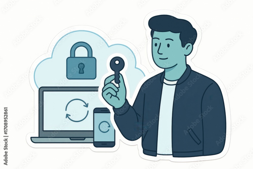 Poster individual showcasing a key symbolizing digital security with a laptop and smartphone surrounded by 