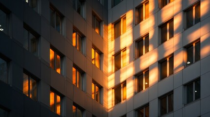 Apartment facade at dusk with warm glowing corner windows