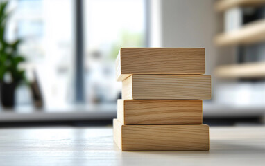 Stack of Four Wooden Blocks on a Table with Blurred Background