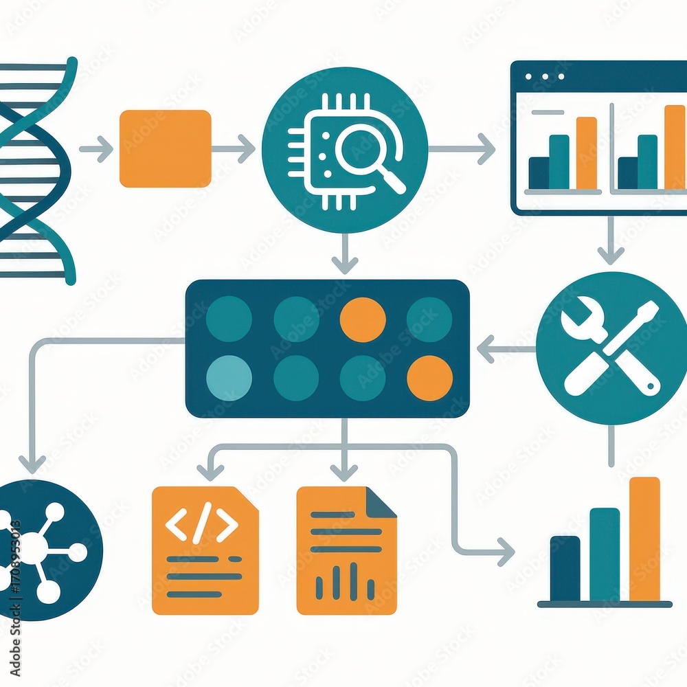 Poster exploring the interconnectedness of genetic data analysis, machine learning algorithms, and advanced