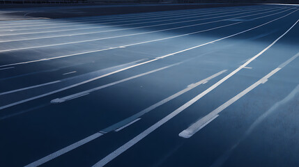Empty running track with lane markings under soft lighting