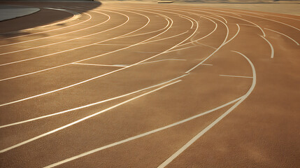 Curved lanes of an outdoor running track under sunlight