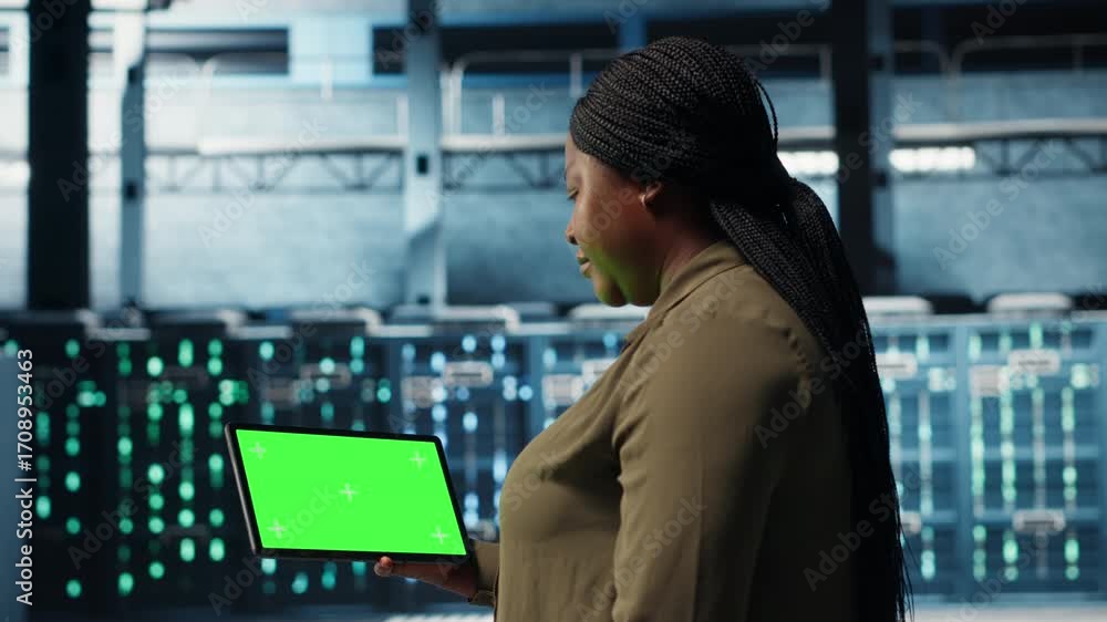 Poster admin in data center using green screen tablet to deploy new server architecture. server hub worker 