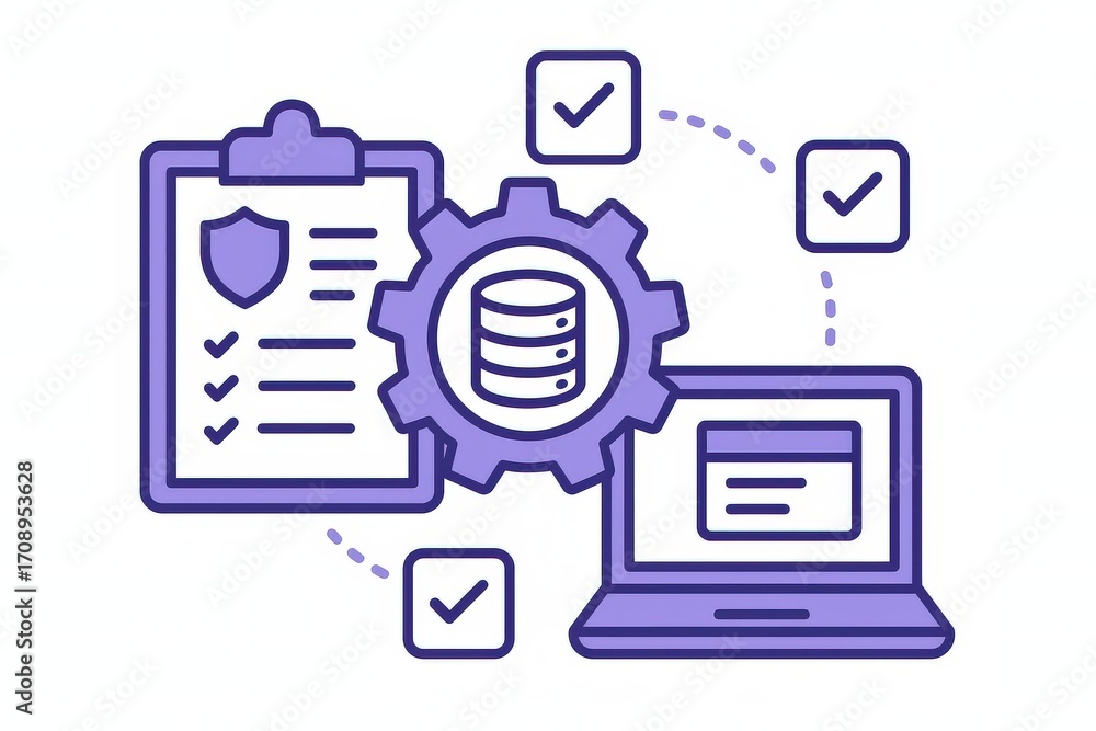 Aufkleber illustration of data management system with gear icon checklists and laptop representing efficiency 