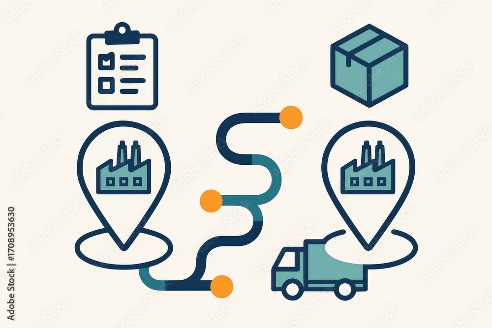 Poster visualizing logistics dynamics with supply chain management icons representing factories inventory p