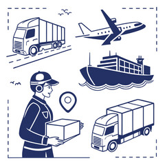 Line art shows an Asian courier delivering with trucks, plane, and ship on white