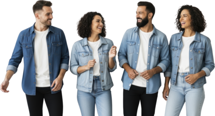 Two smiling men and two smiling women standing together wearing denim jackets and jeans