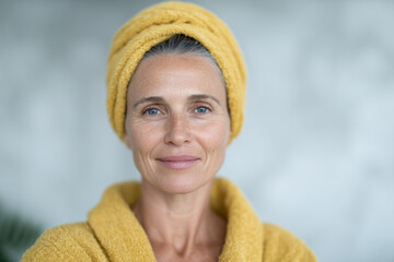 Closeup portrait of a serene mature woman with a yellow towel wrapped around her head and shoulders, soft lighting, subtle smile, spa-like calm, natural beauty focus.