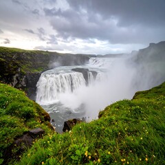 Dramatic waterfall cascading down a rugged landscape