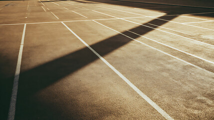 Sunlit tennis court with long shadows cast across the marked surface