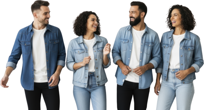 Two smiling men and two smiling women standing together wearing denim jackets and jeans