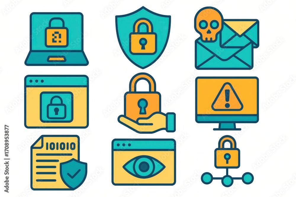Poster digital security visuals illustrating safeguarding data and online privacy through locks shields and
